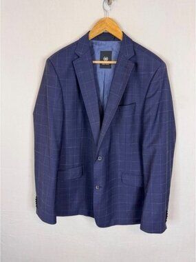 Strellson Aron Slim Fit Navy Blue Windowpane Virgin Wool Blazer Jacket Men 44